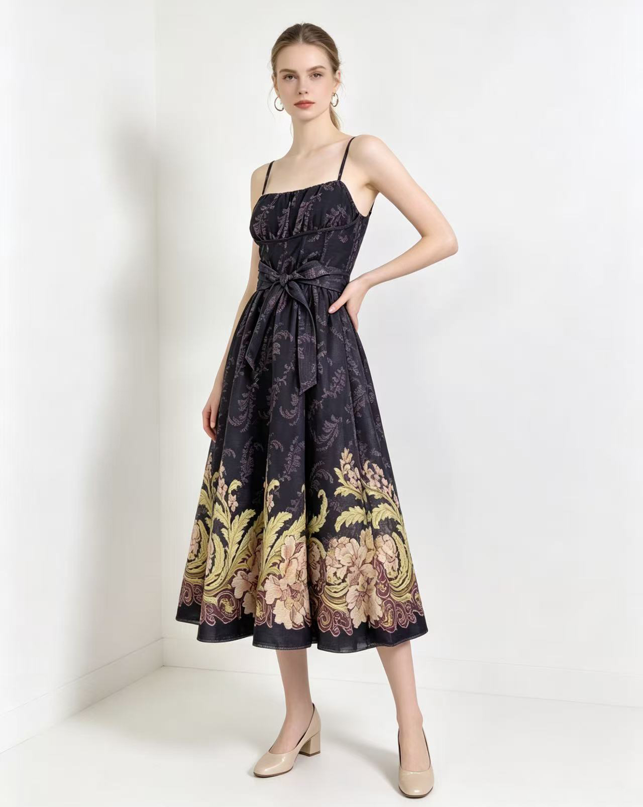 New retro printed sleeveless camisole high waisted dress for 2026 summer in Australia, suitable for vacation, large display, tea break, and long skirt New retro printed sleeveless camisole high waisted dress for 2026 summer in Australia, suitable for vacation, large display, tea break, and long skirt