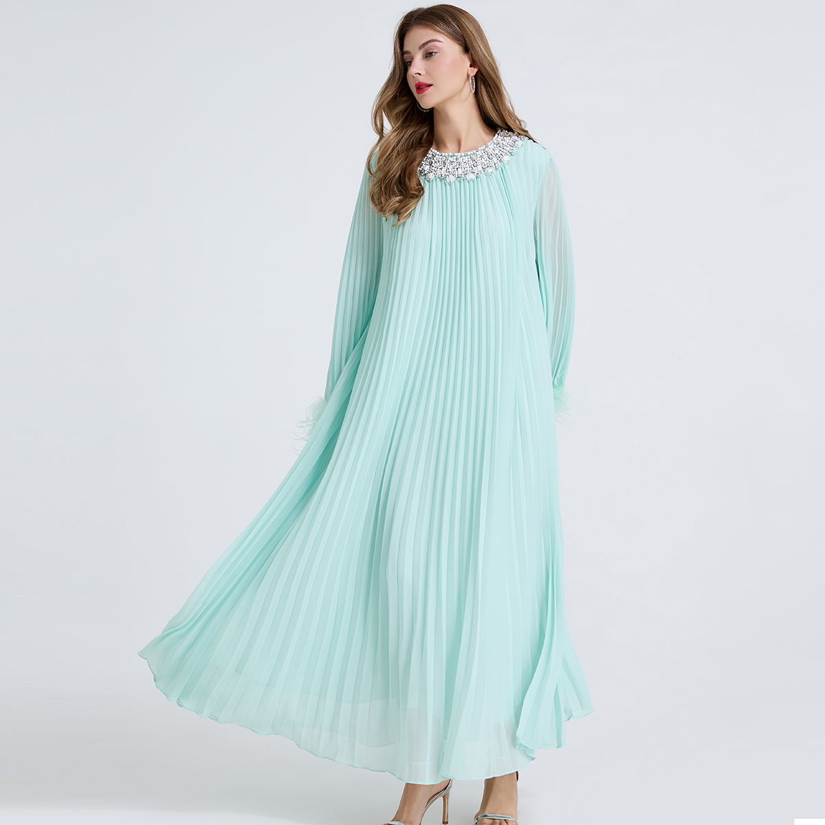 High version super heavy industry nail drill pleated large size oversized swing dress with real ostrich double hair and small waist belt as a gift High version super heavy industry nail drill pleated large size oversized swing dress with real ostrich double hair and small waist belt as a gift