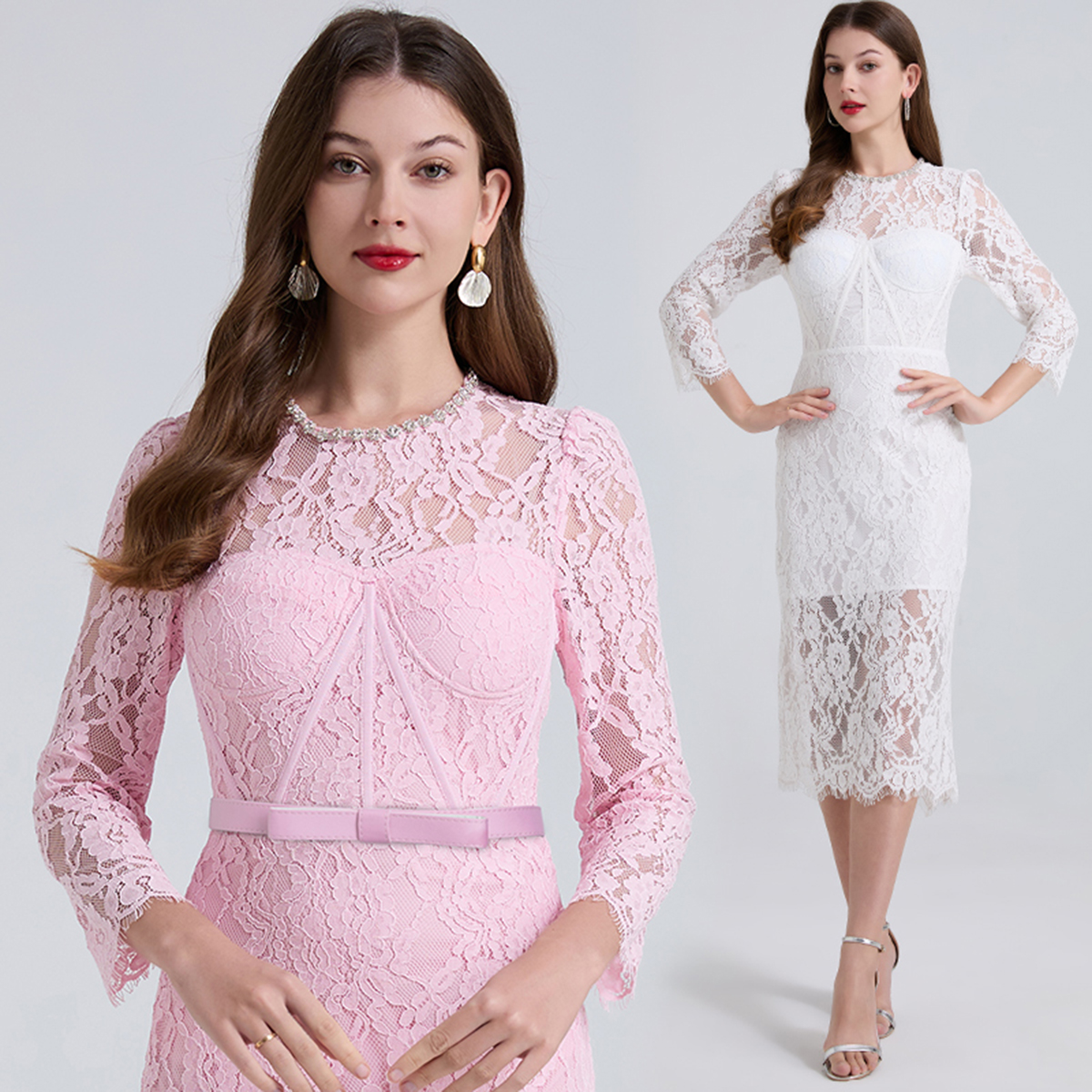 Real shooting of spring and summer new elastic lace diamond embellishment three-dimensional chest pad fishbone dress high waist slim fit hip hugging skirt