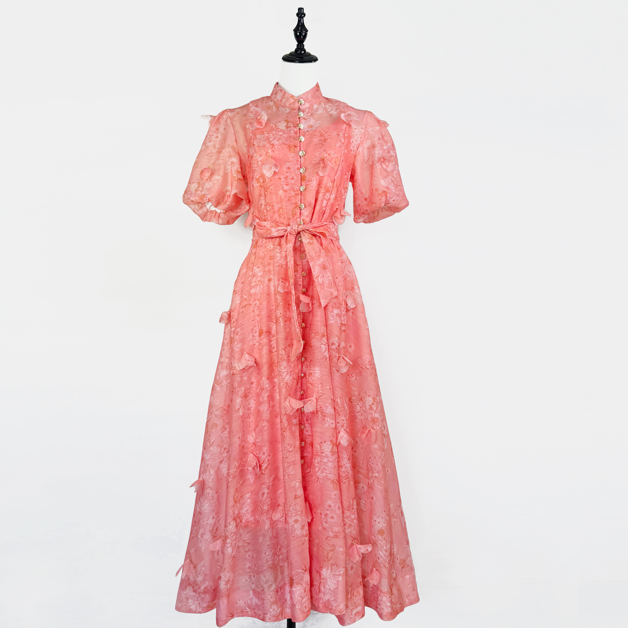 European and American elegant socialite temperament retro printed heavy three-dimensional flower stand up collar single breasted waist slimming dress European and American elegant socialite temperament retro printed heavy three-dimensional flower stand up collar single breasted waist slimming dress