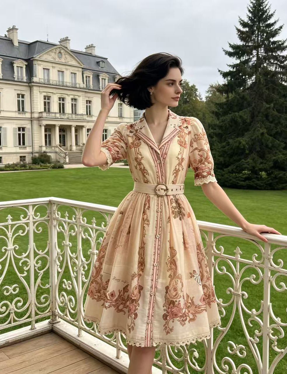 European and American niche retro printed small lapel bubble sleeve lace nail bead large swing waist slimming dress two-piece set European and American niche retro printed small lapel bubble sleeve lace nail bead large swing waist slimming dress two-piece set