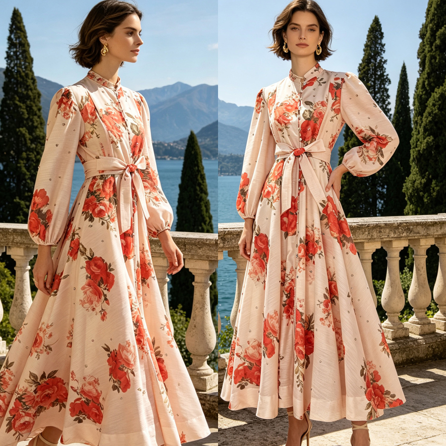 Australian retro print stand up collar lantern sleeves long sleeves heavy studded beads elegant socialite temperament two-piece dress long Australian retro print stand up collar lantern sleeves long sleeves heavy studded beads elegant socialite temperament two-piece dress long
