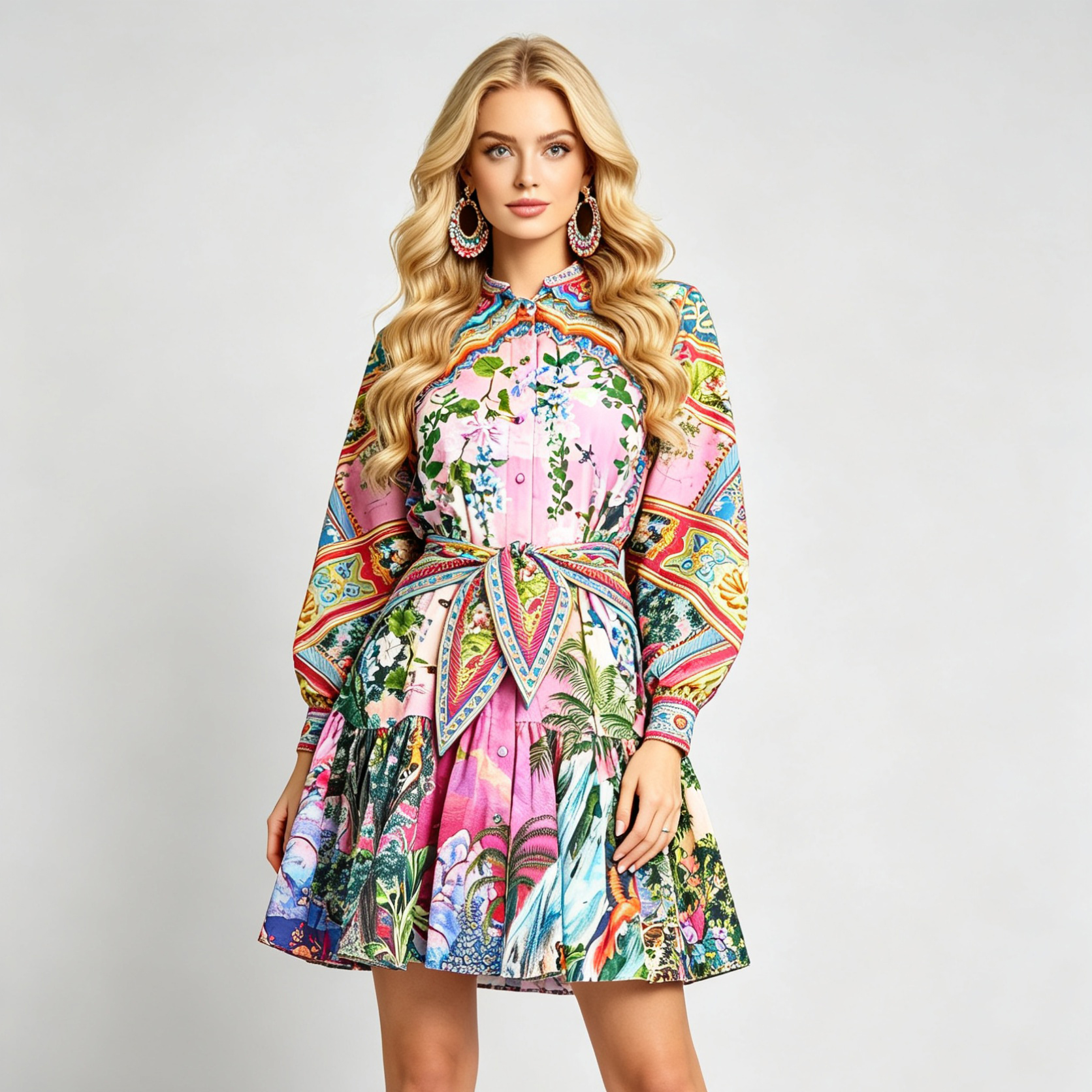 Temperament printed shirt collar strap waist cinched cotton linen long sleeved dress high waisted elastic A-line skirt Temperament printed shirt collar strap waist cinched cotton linen long sleeved dress high waisted elastic A-line skirt