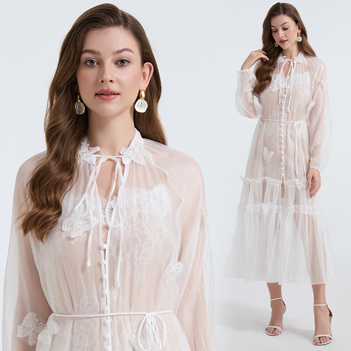 Real shot three-dimensional butterfly embroidery lace up big swing dress+double-layer eyelash lace suspender two-piece set