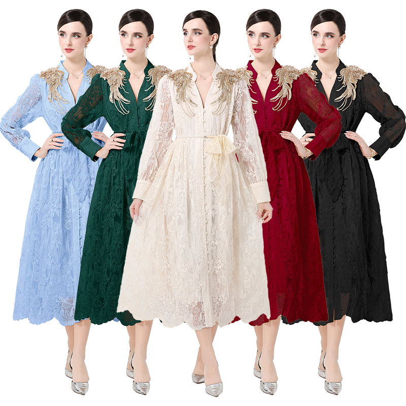 Palace Embroidery Water soluble Lace Retro Long Dress Heavy Industry Versatile Dress
