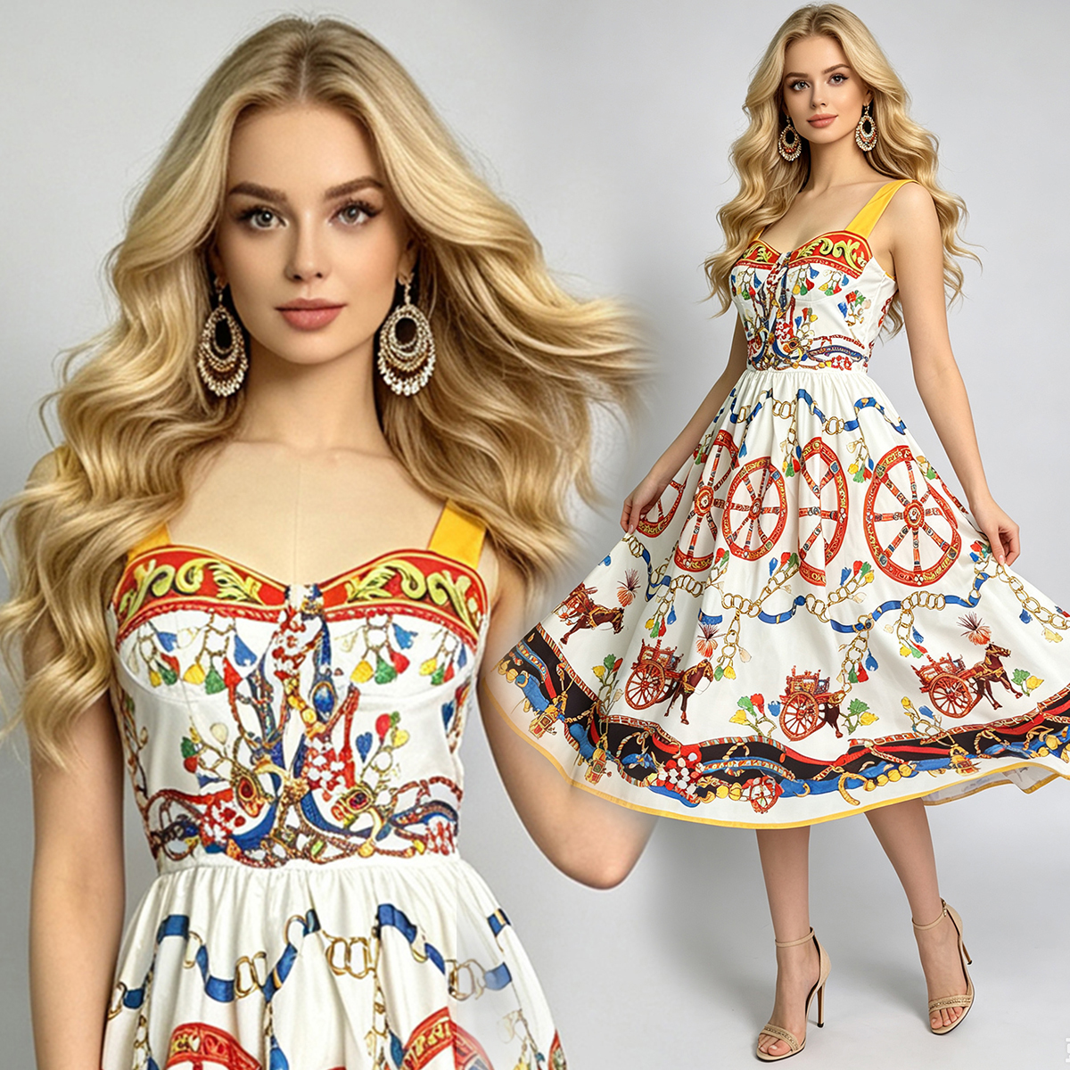 Realistic printed positioning: retro printed three-dimensional strapless suspender dress with elastic waistband on the back and high waisted skirt