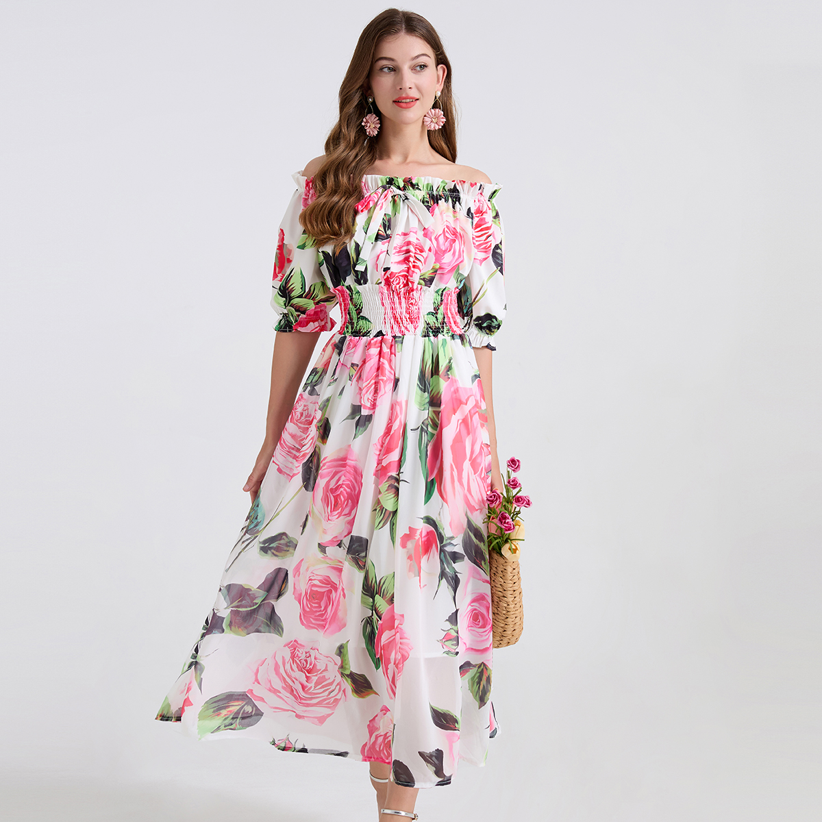 Real shot sexy one shoulder elastic waistband bow tie with printed large swing chiffon patchwork dress Real shot sexy one shoulder elastic waistband bow tie with printed large swing chiffon patchwork dress
