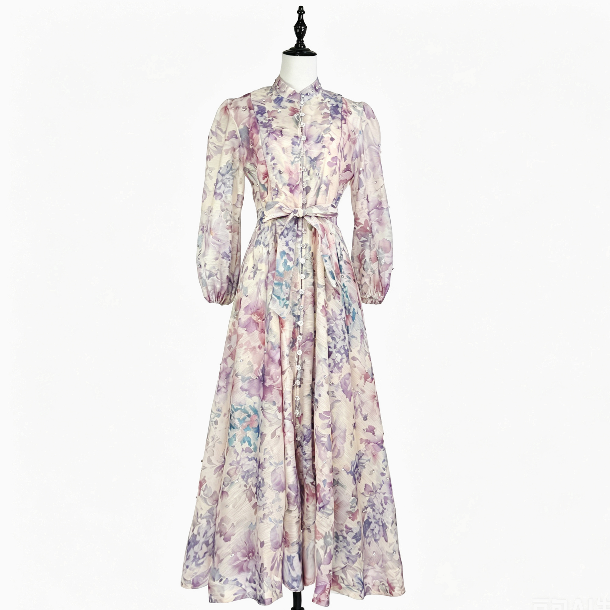Australian retro print stand up collar lantern sleeves long sleeves heavy studded diamonds elegant socialite temperament two-piece dress long Australian retro print stand up collar lantern sleeves long sleeves heavy studded diamonds elegant socialite temperament two-piece dress long