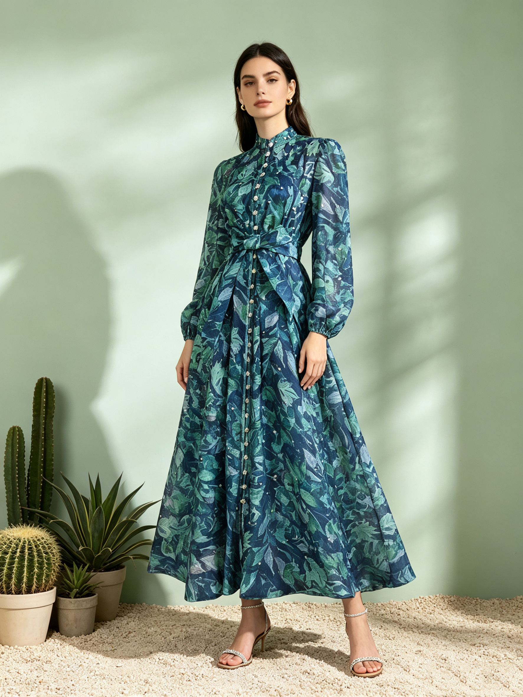 Classic European and American style women's clothing with polka dot stand up collar, single breasted lantern sleeves, heavy-duty nail drill waist cinching, large swing dress, long skirt Classic European and American style women's clothing with polka dot stand up collar, single breasted lantern sleeves, heavy-duty nail drill waist cinching, large swing dress, long skirt