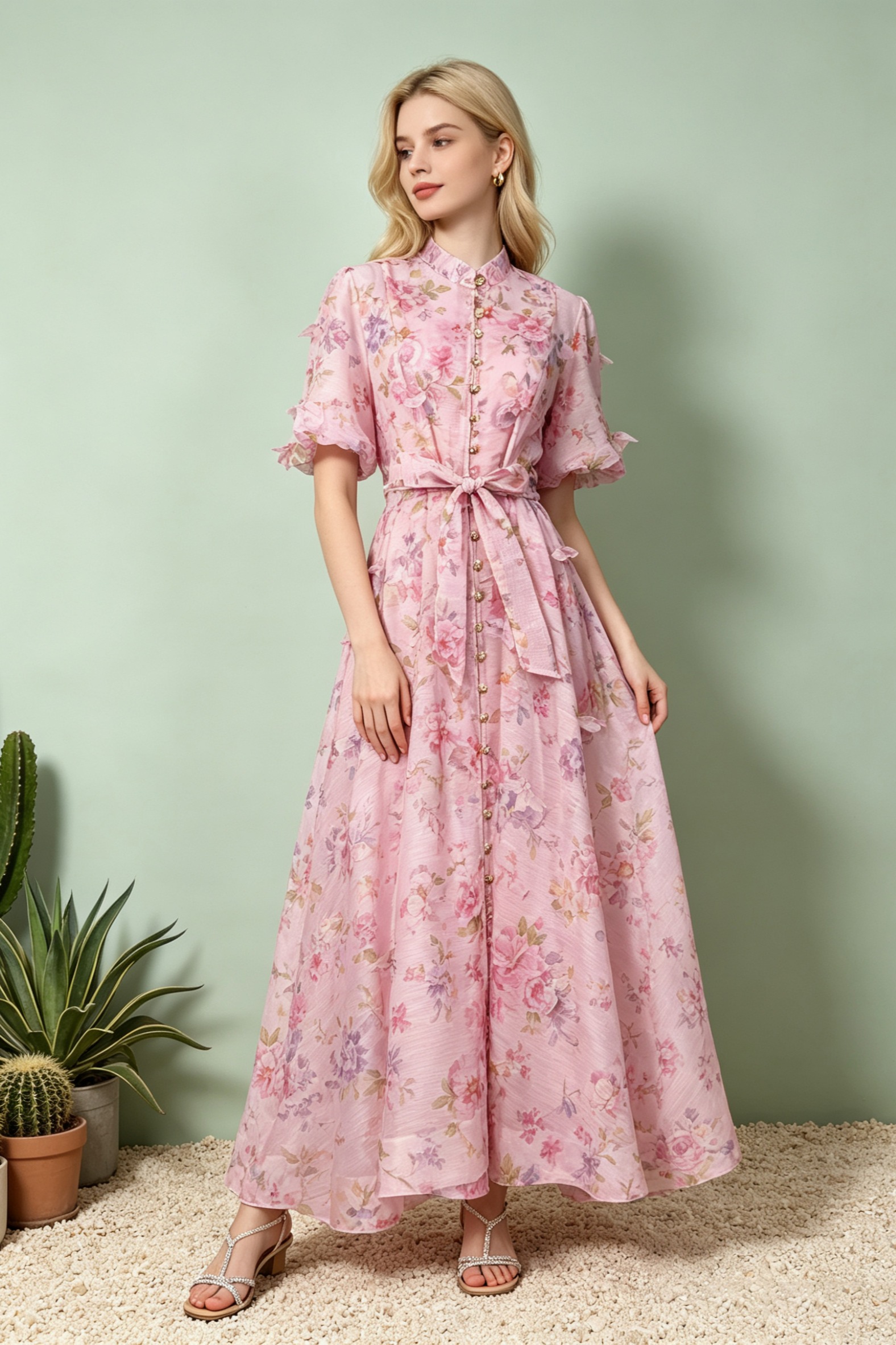 European and American elegant socialite temperament retro printed heavy three-dimensional flower stand up collar single breasted waist slimming dress European and American elegant socialite temperament retro printed heavy three-dimensional flower stand up collar single breasted waist slimming dress