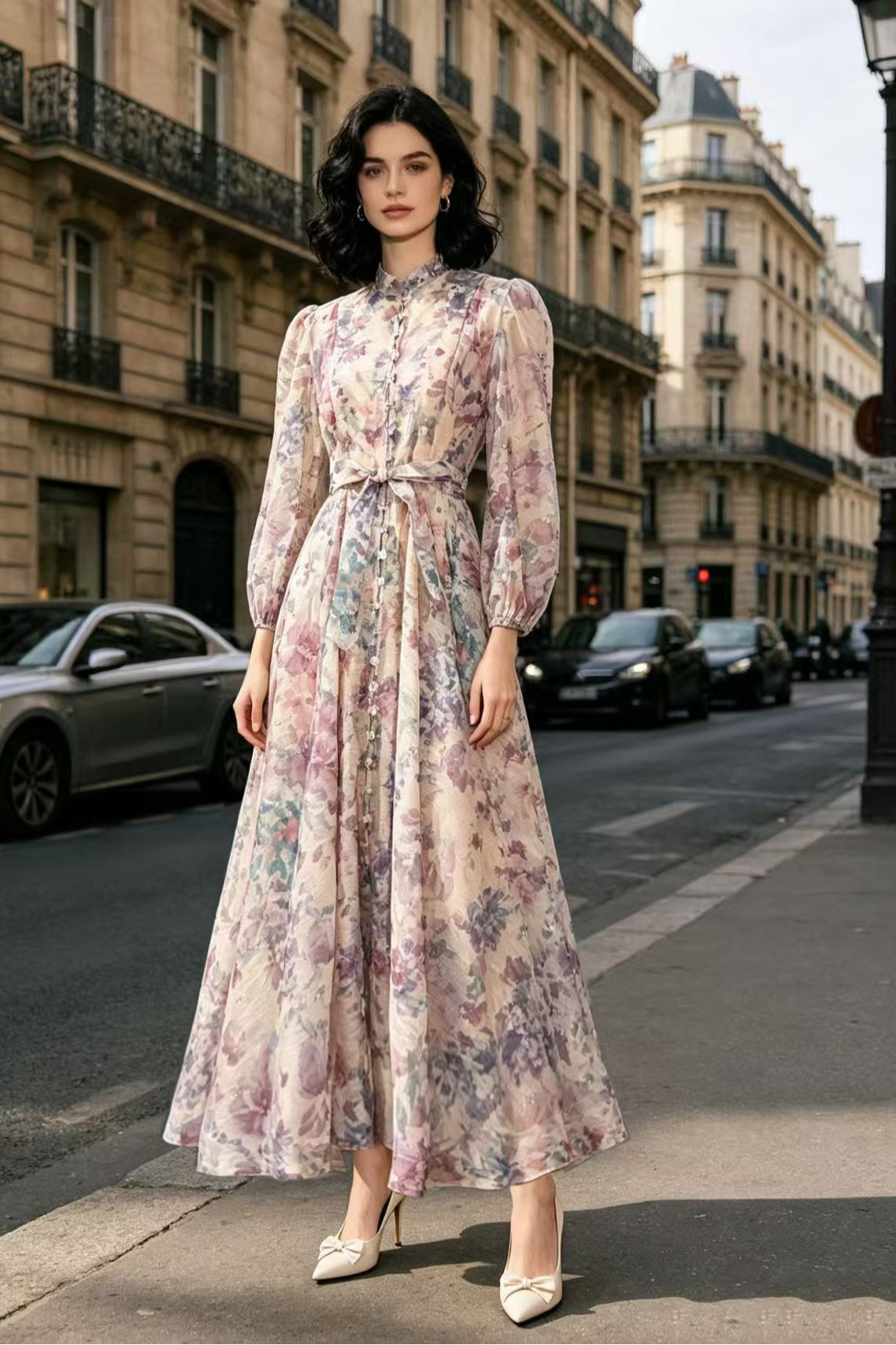 Australian retro print stand up collar lantern sleeves long sleeves heavy studded diamonds elegant socialite temperament two-piece dress long Australian retro print stand up collar lantern sleeves long sleeves heavy studded diamonds elegant socialite temperament two-piece dress long