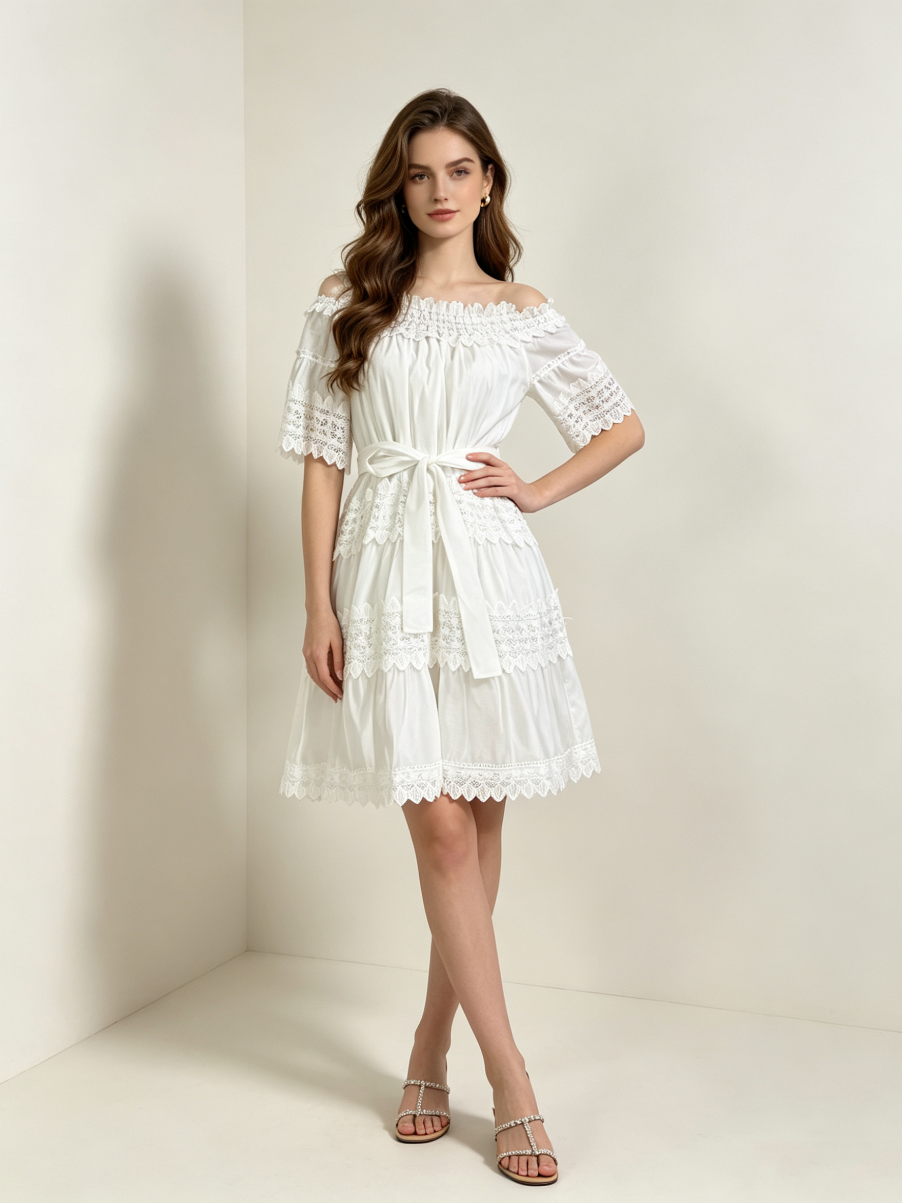 French court style embroidered hollow short sleeved one shoulder large swing skirt with waist cinching and tie up khaki A-line skirt short skirt French court style embroidered hollow short sleeved one shoulder large swing skirt with waist cinching and tie up khaki A-line skirt short skirt