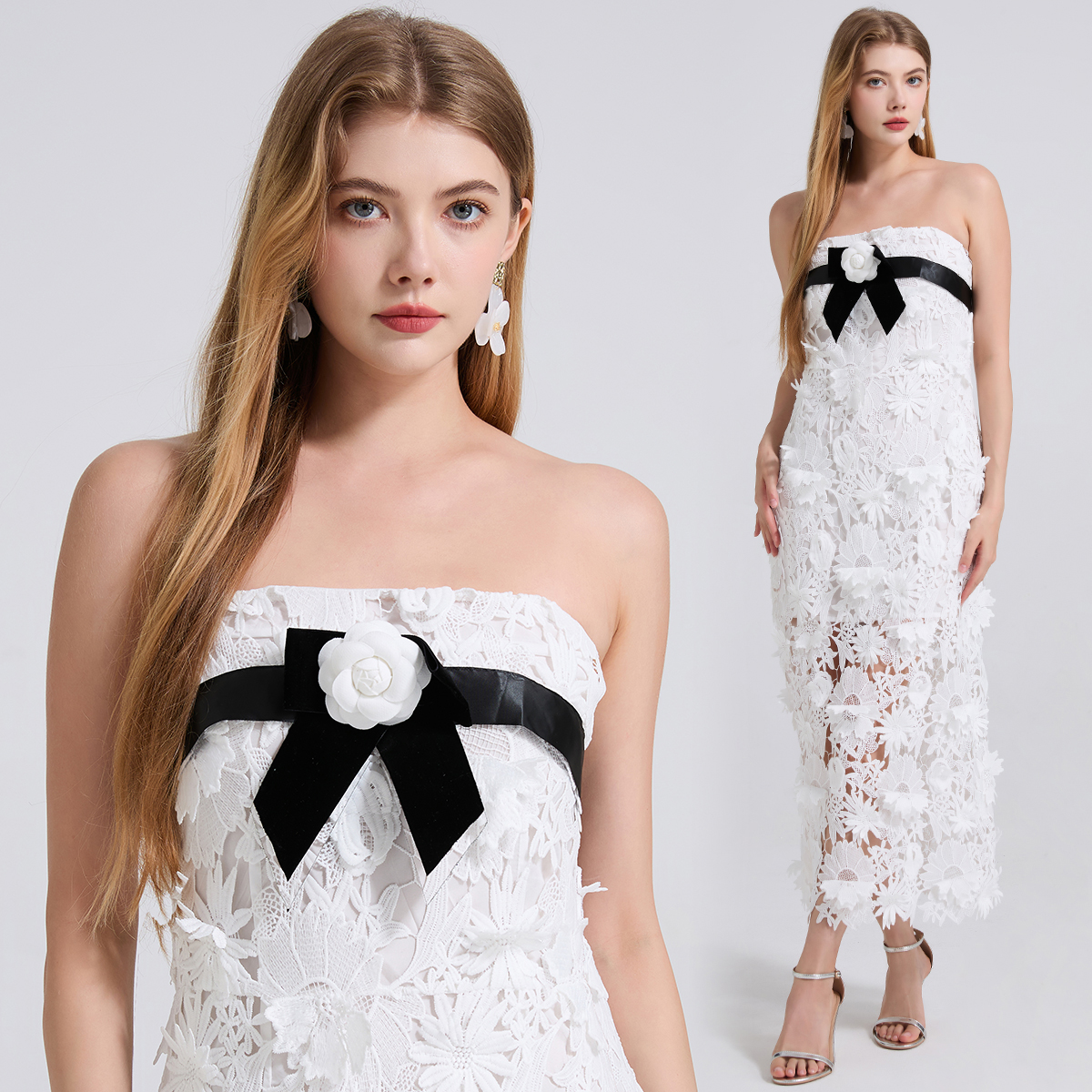 Real time shooting of heavy industry lace three-dimensional flower embroidery strapless camellia dress with black and white contrasting color and hip hugging skirt