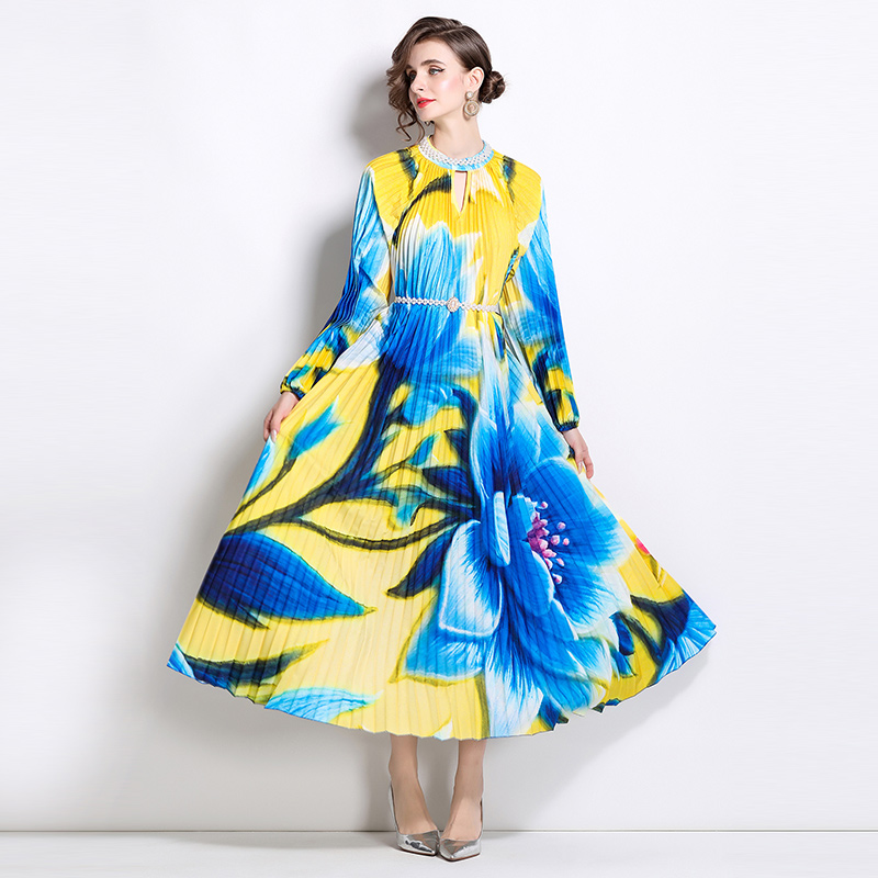 Original 2026 high-end nail bead positioning printed pleated pearl buckle pleated long skirt Original 2026 high-end nail bead positioning printed pleated pearl buckle pleated long skirt
