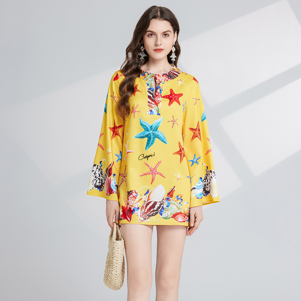 Real shooting positioning: Retro printed round neck slit long sleeved personalized dress, loose short skirt Real shooting positioning: Retro printed round neck slit long sleeved personalized dress, loose short skirt