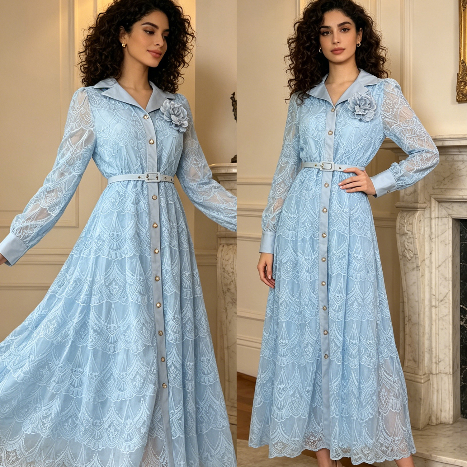 French socialite style heavy industry hollow embroidery dress for women 2026 new style single breasted buckle with waist belt, slimming long skirt French socialite style heavy industry hollow embroidery dress for women 2026 new style single breasted buckle with waist belt, slimming long skirt