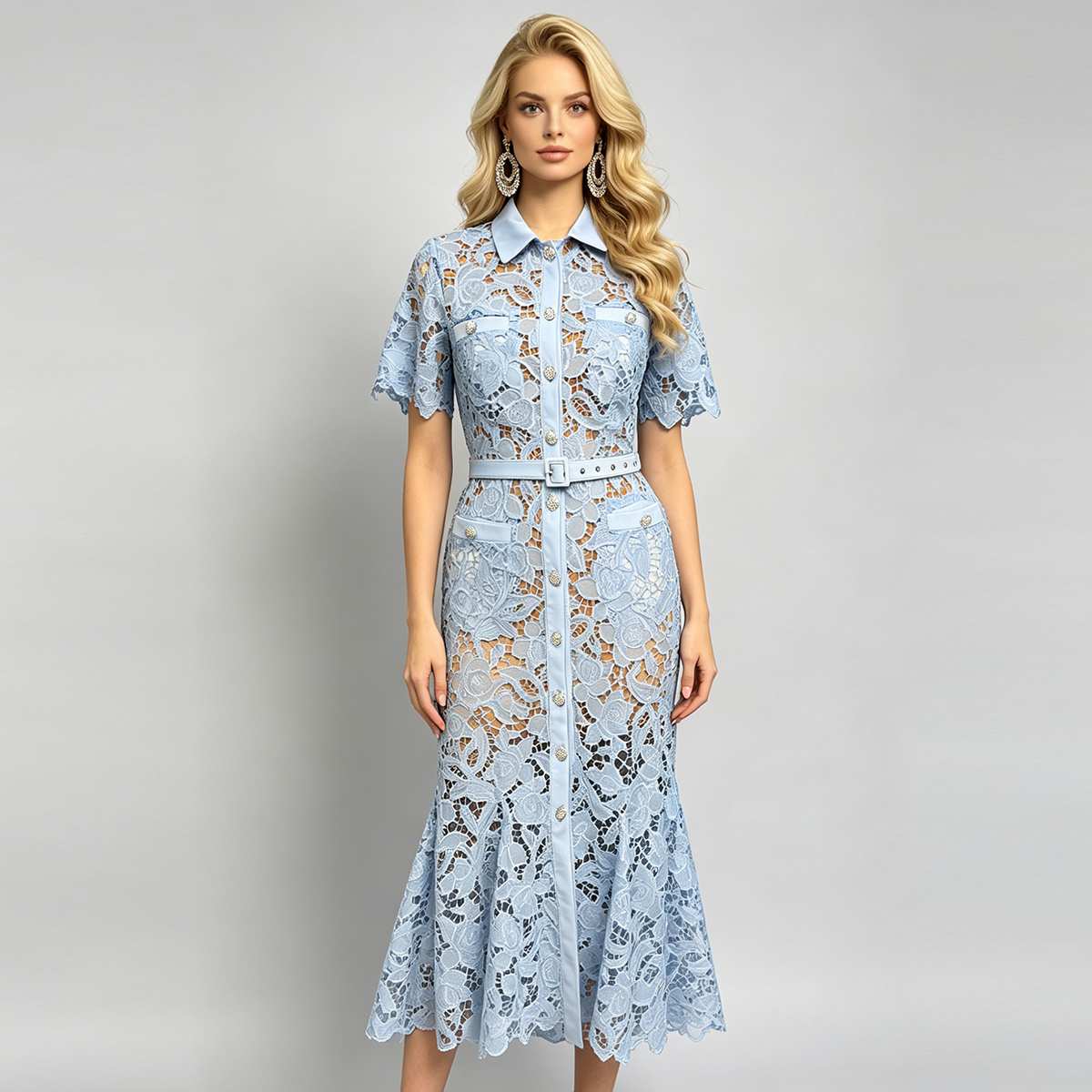 Summer New Product: High end Water soluble Three dimensional Scissors Shirt, Collar, High waisted Dress, Hip Wrapping, Slimming Fishtail Skirt Summer New Product: High end Water soluble Three dimensional Scissors Shirt, Collar, High waisted Dress, Hip Wrapping, Slimming Fishtail Skirt