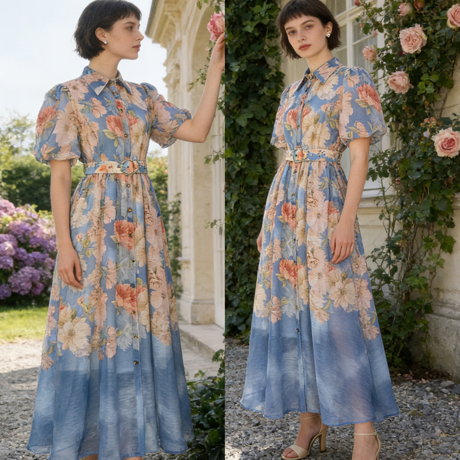 Australian retro printed elegant socialite temperament with a lapel and bubble sleeves, short sleeved summer waist slimming dress, long skirt Australian retro printed elegant socialite temperament with a lapel and bubble sleeves, short sleeved summer waist slimming dress, long skirt