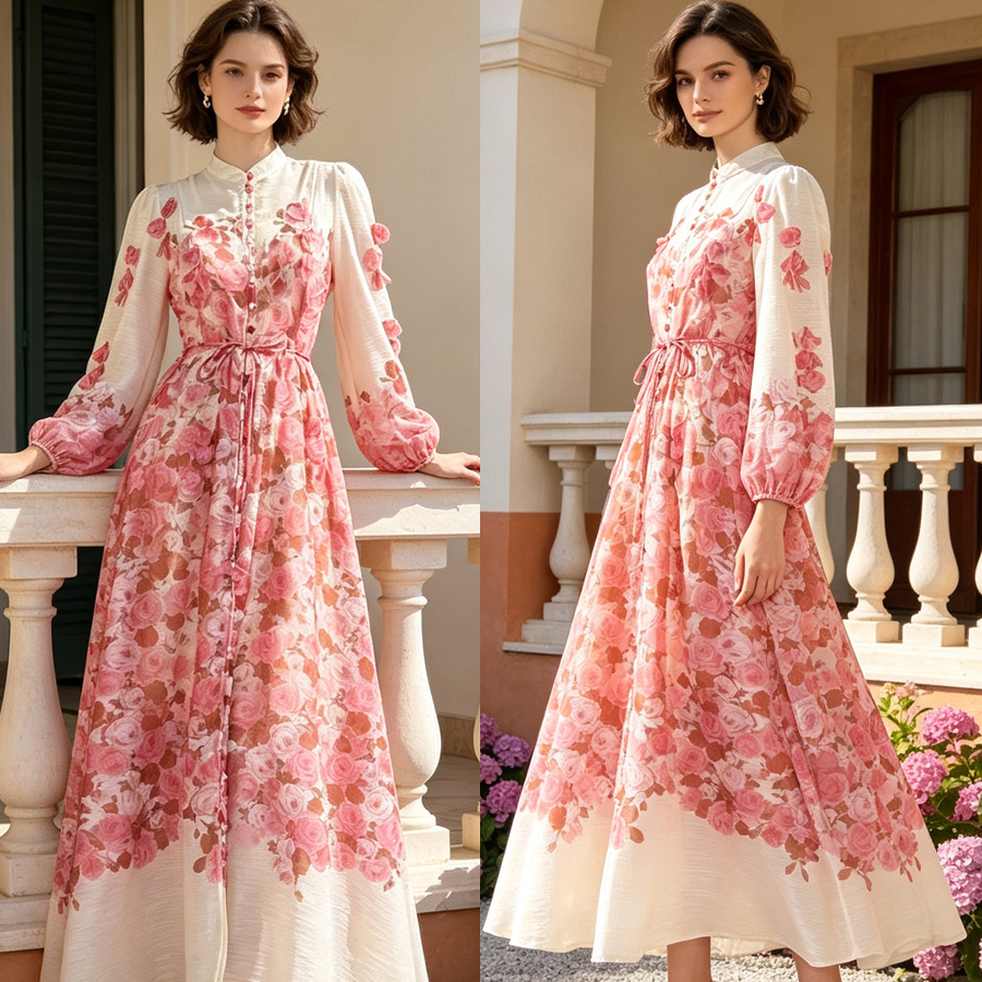 Australian niche 2026 summer elegant stand up collar single breasted heavy industry floral fringe two-piece dress long skirt Australian niche 2026 summer elegant stand up collar single breasted heavy industry floral fringe two-piece dress long skirt