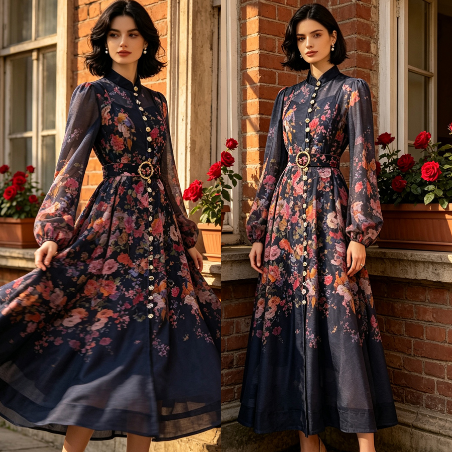 French high-end two-piece dress with retro print stand up collar lantern sleeves and waist cinching big swing dress, long skirt French high-end two-piece dress with retro print stand up collar lantern sleeves and waist cinching big swing dress, long skirt
