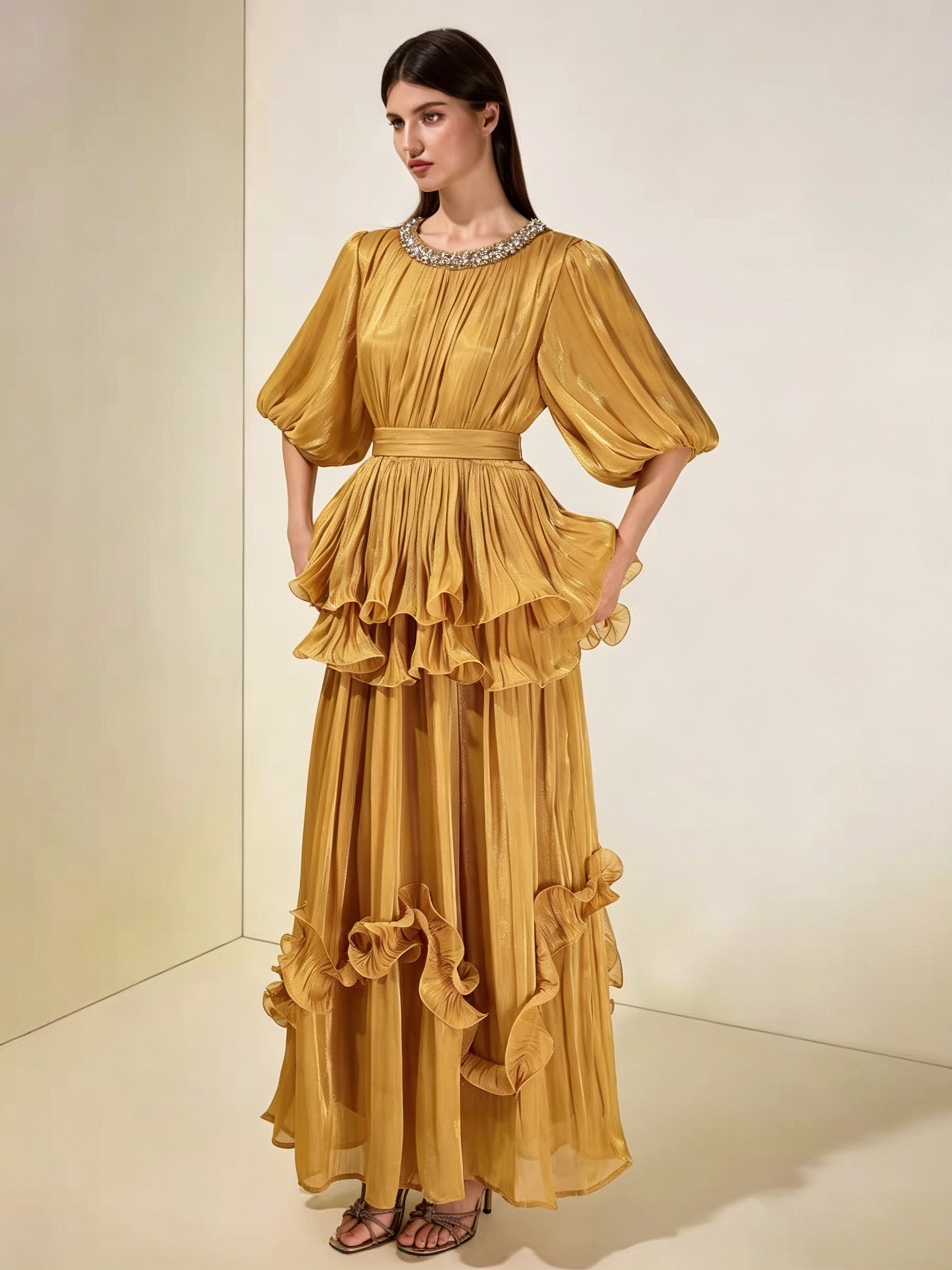 French court style bubble sleeve dress, women's waist cinched, ruffled cake skirt, elegant retro long skirt, formal dress French court style bubble sleeve dress, women's waist cinched, ruffled cake skirt, elegant retro long skirt, formal dress