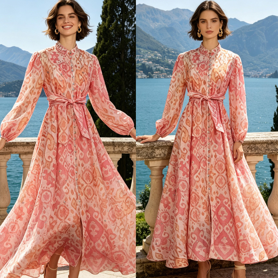 Classic European and American style women's clothing with polka dot stand up collar, single breasted lantern sleeves, heavy-duty nail drill waist cinching, large swing dress, long skirt Classic European and American style women's clothing with polka dot stand up collar, single breasted lantern sleeves, heavy-duty nail drill waist cinching, large swing dress, long skirt