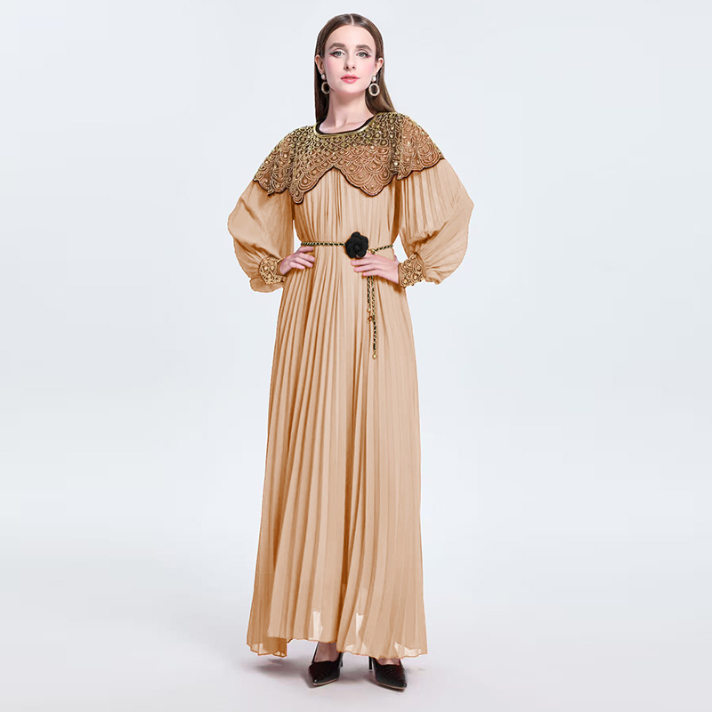 Light luxury high-end embroidered bead sequin round neck long sleeved dress, super fairy pleated elegant dress Light luxury high-end embroidered bead sequin round neck long sleeved dress, super fairy pleated elegant dress