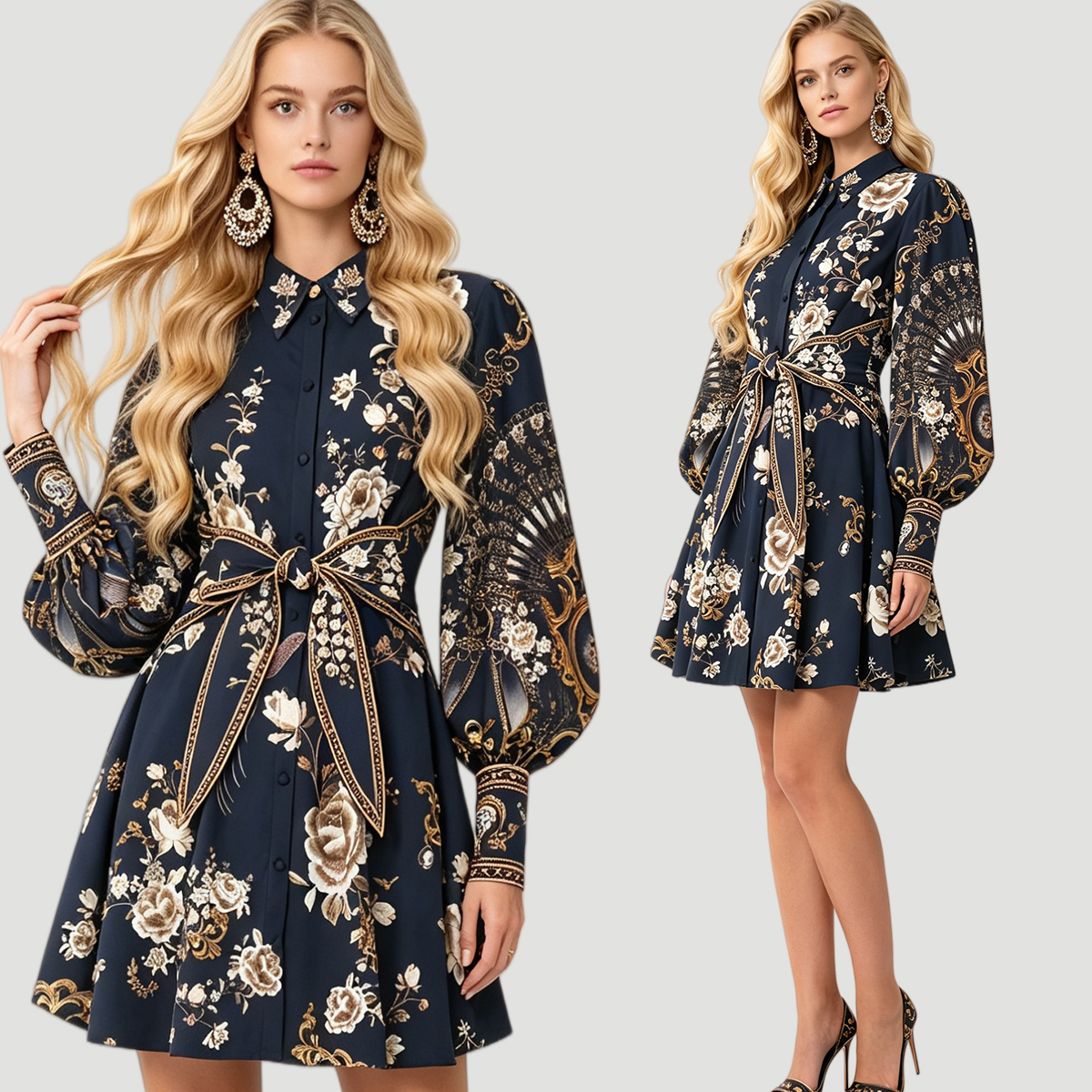 Temperament Palace Printed Shirt Collar Strap Waist Long Sleeve Dress High Waist Elastic A-line Skirt