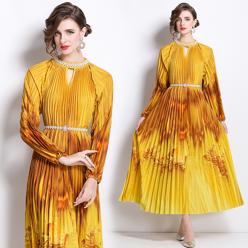 Original 2026 high-end nail bead positioning printed pleated pearl buckle pleated long skirt