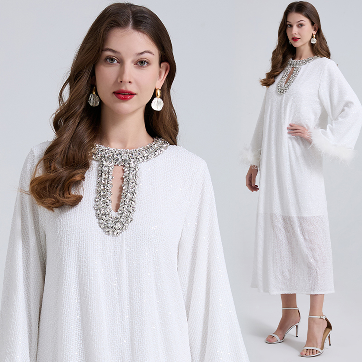 Real shot high-end sequin handmade nail drill real ostrich hair split dress loose evening dress