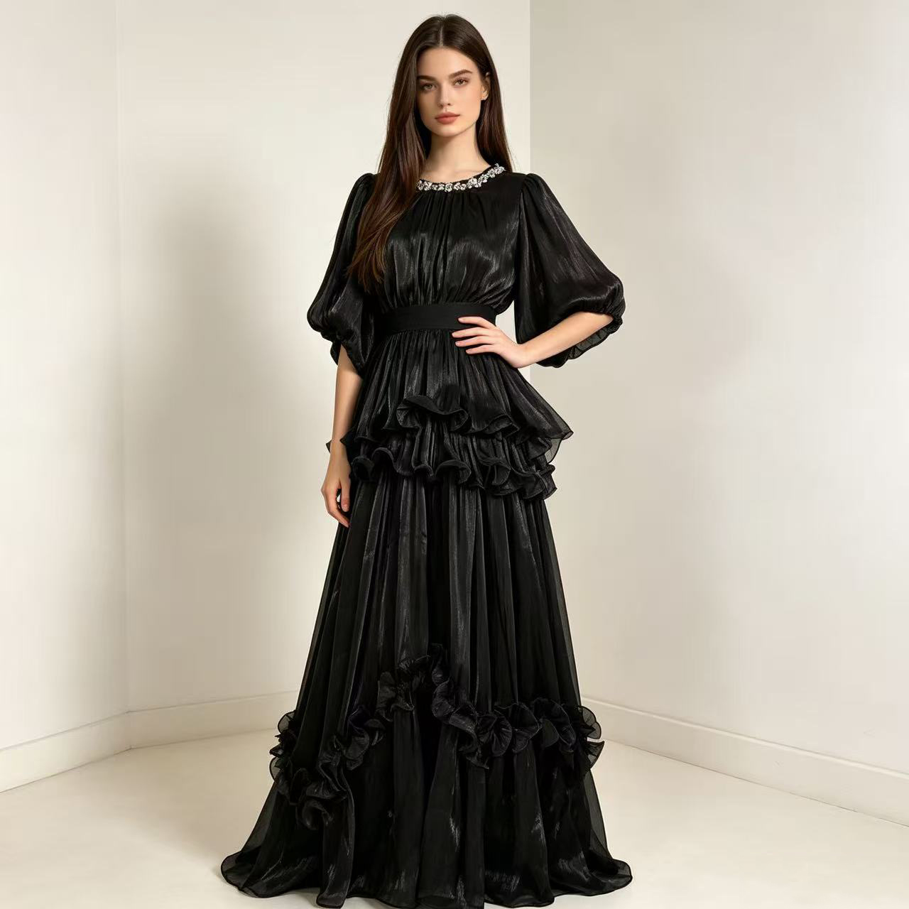 French court style bubble sleeve dress, women's waist cinched, ruffled cake skirt, elegant retro long skirt, formal dress French court style bubble sleeve dress, women's waist cinched, ruffled cake skirt, elegant retro long skirt, formal dress