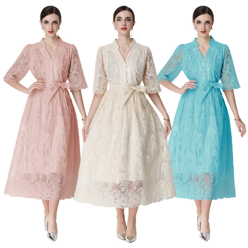 2026 Heavy Industry Lace Hand Embroidered Dress with Waist cinching and Elegant Style