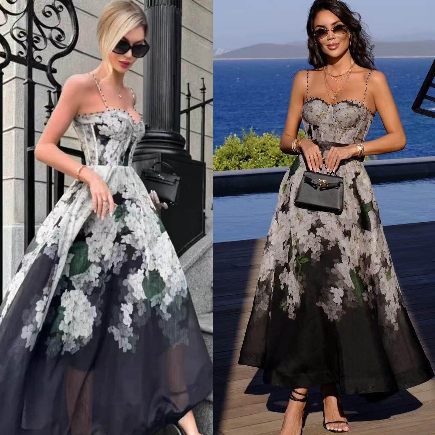 Australian Light Luxury High End Vintage Black Embroidered Beaded Strap High Waist Pendant Puff Dress Strap Skirt Australian Light Luxury High End Vintage Black Embroidered Beaded Strap High Waist Pendant Puff Dress Strap Skirt