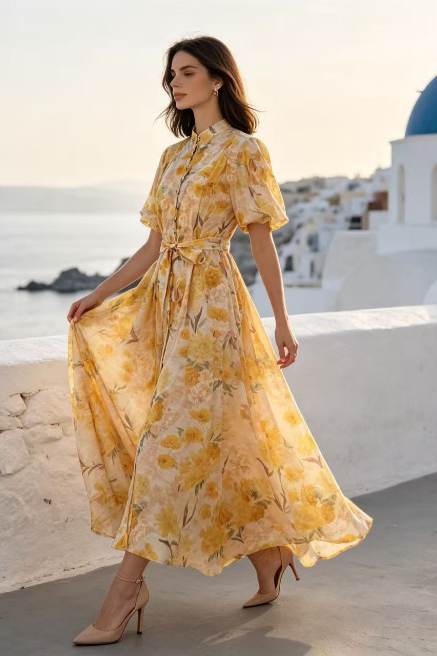 Australian summer new retro printed stand up collar single breasted heavy industry handmade flower decoration large swing dress long skirt Australian summer new retro printed stand up collar single breasted heavy industry handmade flower decoration large swing dress long skirt