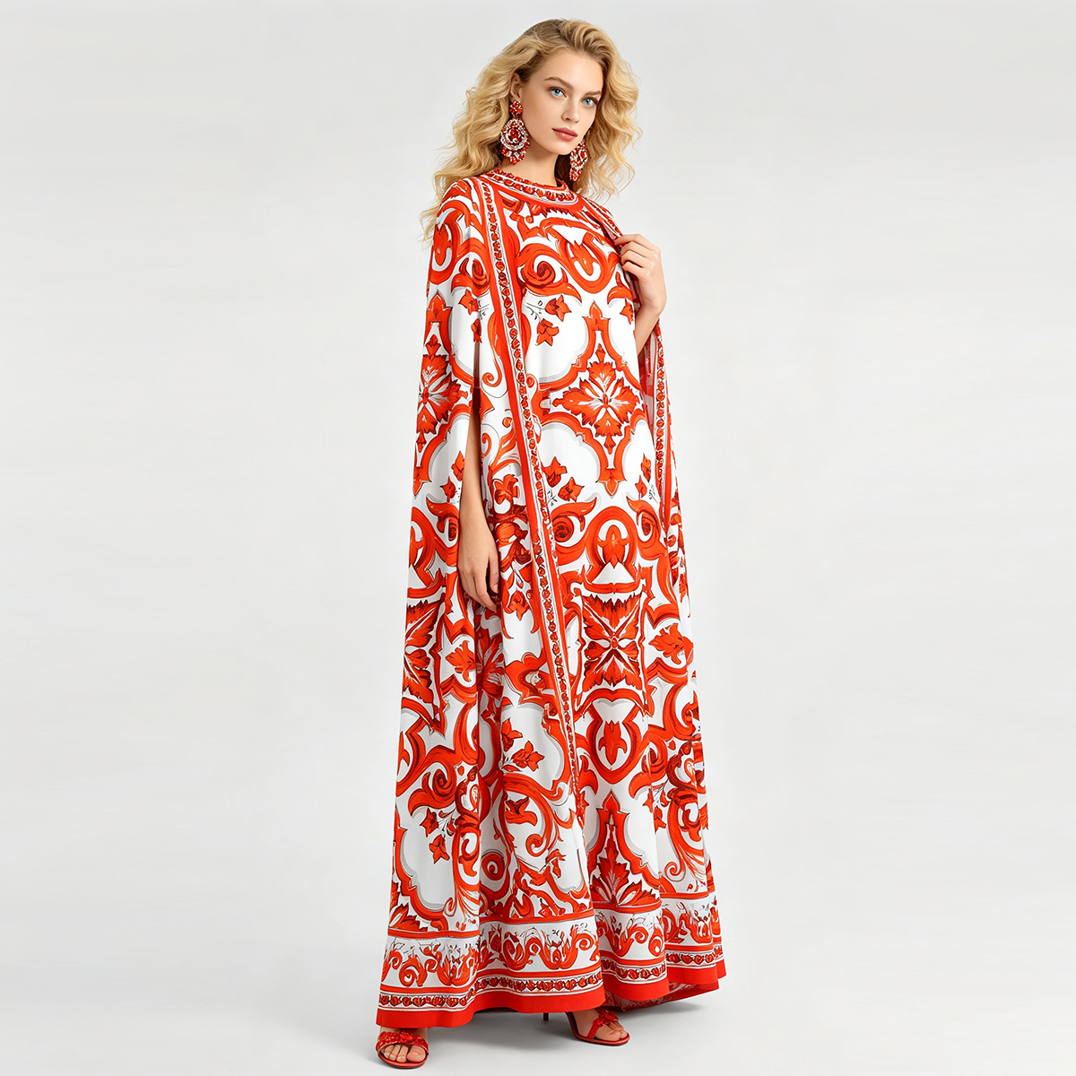 Positioning: Round neck large flower loose shawl round neck plus size dress, bat big swing A-line floor length skirt Positioning: Round neck large flower loose shawl round neck plus size dress, bat big swing A-line floor length skirt