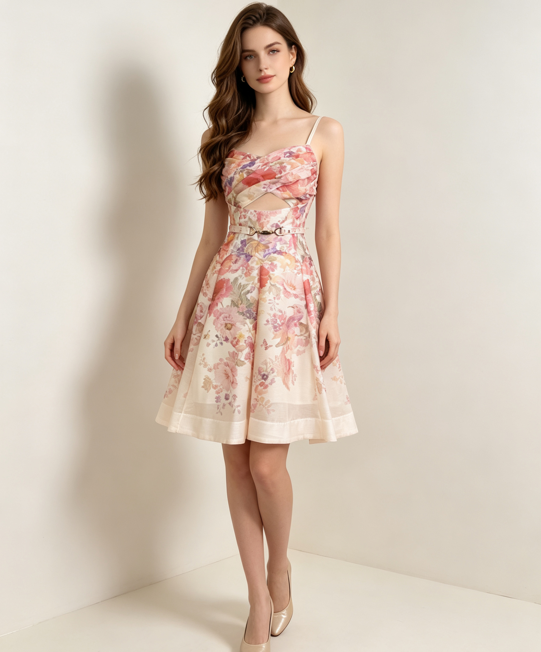 French style stunning pink printed sweet camisole dress for women in summer, hollowed out waist cinching and slimming, pleated and fluffy short skirt French style stunning pink printed sweet camisole dress for women in summer, hollowed out waist cinching and slimming, pleated and fluffy short skirt