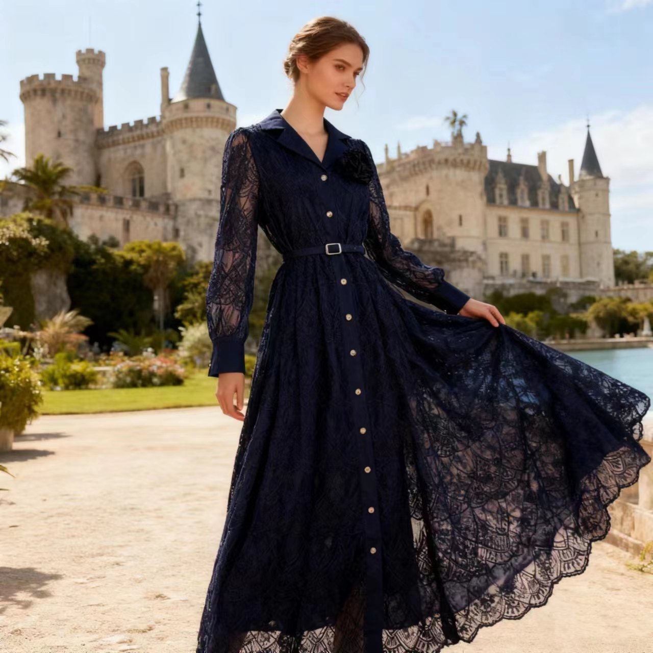 French socialite style heavy industry hollow embroidery dress for women 2026 new style single breasted buckle with waist belt, slimming long skirt French socialite style heavy industry hollow embroidery dress for women 2026 new style single breasted buckle with waist belt, slimming long skirt