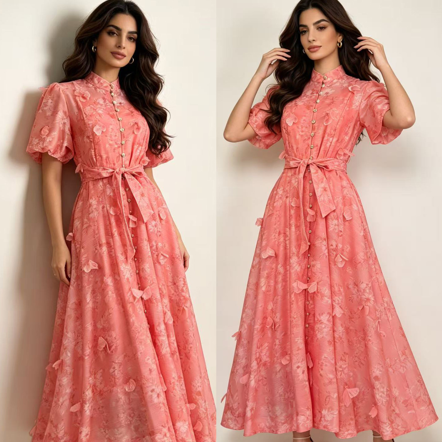 Australian elegant socialite temperament retro printed bubble sleeves short sleeved stand up collar single breasted waist slimming dress long