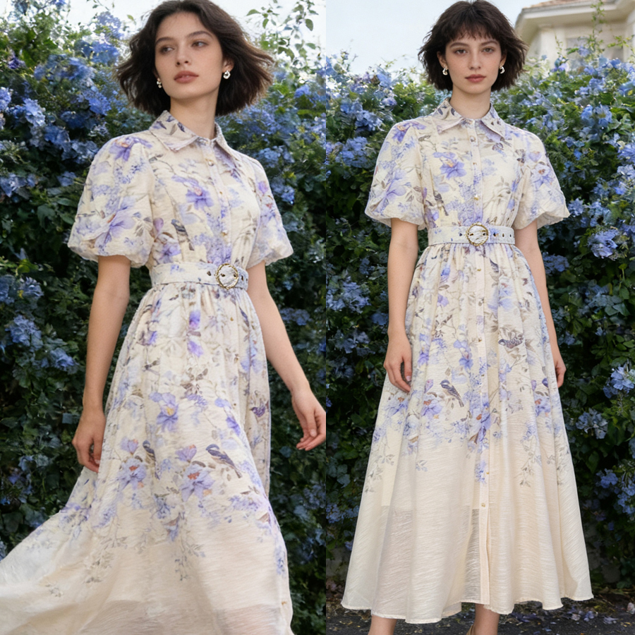 Australian retro printed elegant socialite temperament with a lapel and bubble sleeves, short sleeved summer waist slimming dress, long skirt Australian retro printed elegant socialite temperament with a lapel and bubble sleeves, short sleeved summer waist slimming dress, long skirt