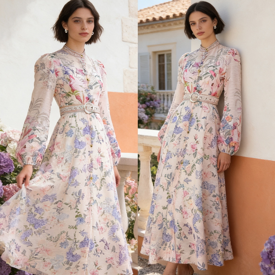 French high-end two-piece dress with retro print stand up collar lantern sleeves and waist cinching big swing dress, long skirt French high-end two-piece dress with retro print stand up collar lantern sleeves and waist cinching big swing dress, long skirt