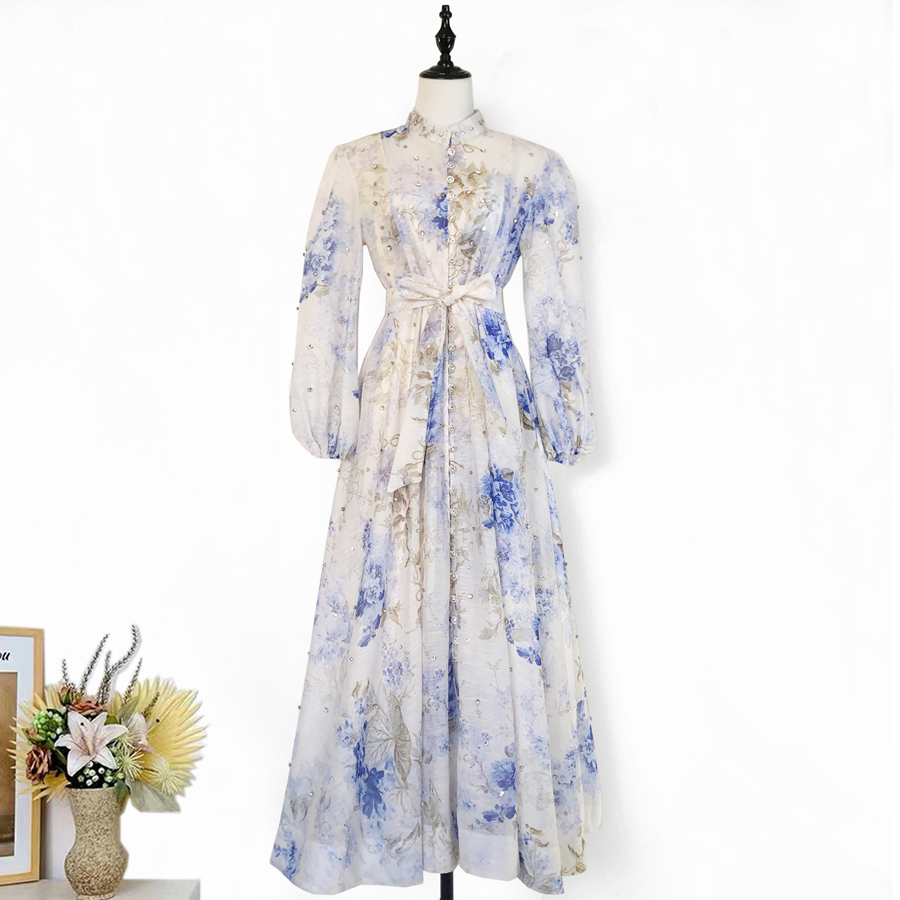 Australian retro print stand up collar lantern sleeves long sleeves heavy studded diamonds elegant socialite temperament two-piece dress long Australian retro print stand up collar lantern sleeves long sleeves heavy studded diamonds elegant socialite temperament two-piece dress long