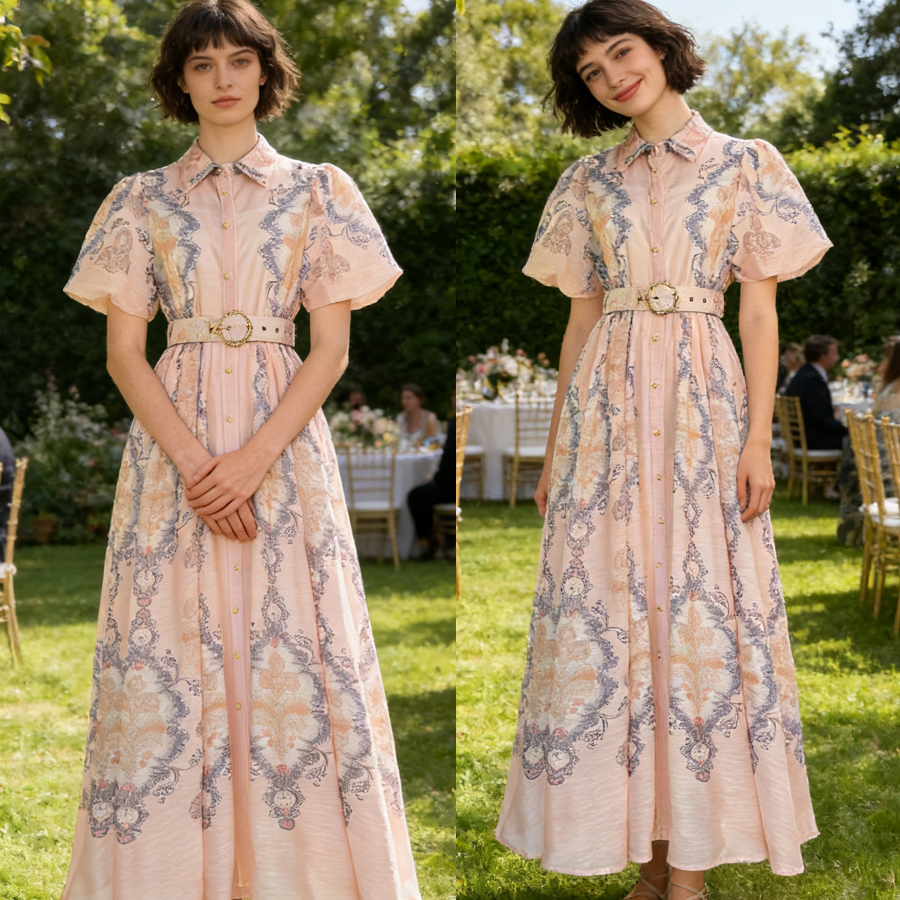 Australian retro printed elegant socialite temperament with a lapel and bubble sleeves, short sleeved summer waist slimming dress, long skirt Australian retro printed elegant socialite temperament with a lapel and bubble sleeves, short sleeved summer waist slimming dress, long skirt