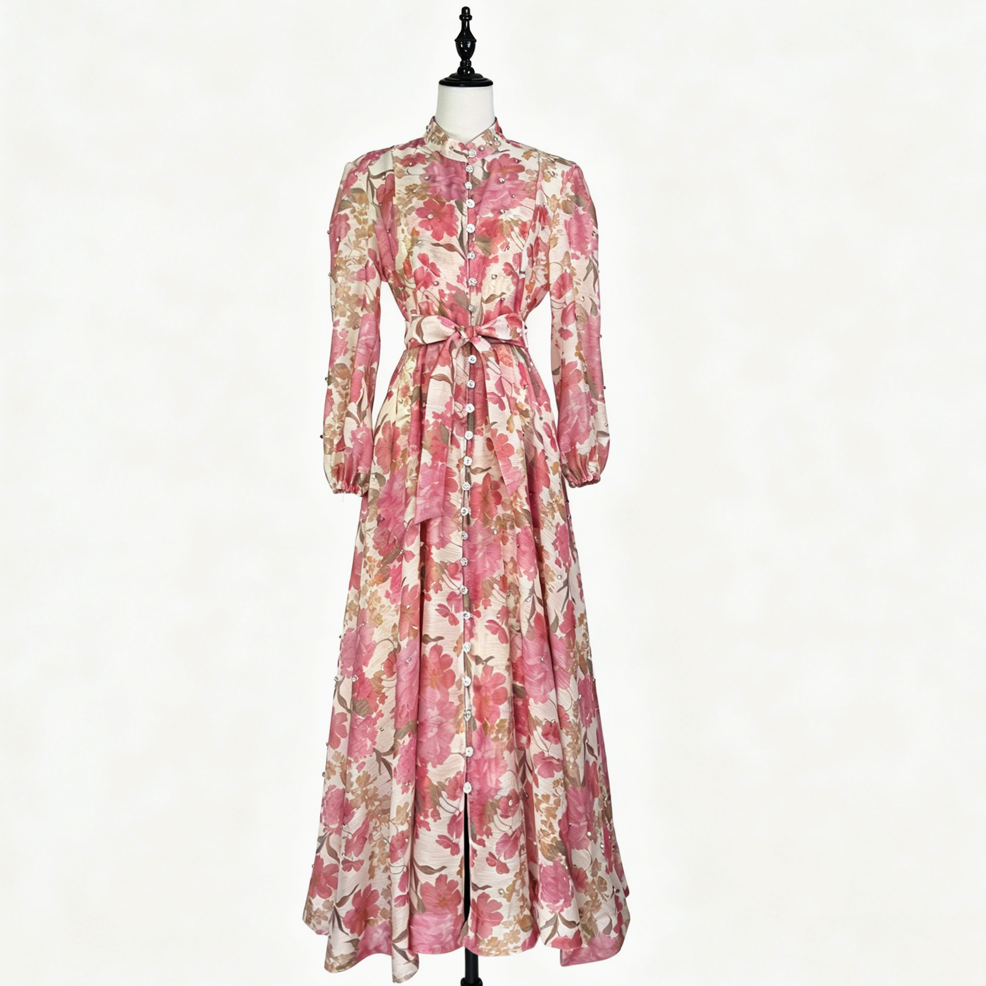 Australian retro print stand up collar lantern sleeves long sleeves heavy studded diamonds elegant socialite temperament two-piece dress long Australian retro print stand up collar lantern sleeves long sleeves heavy studded diamonds elegant socialite temperament two-piece dress long