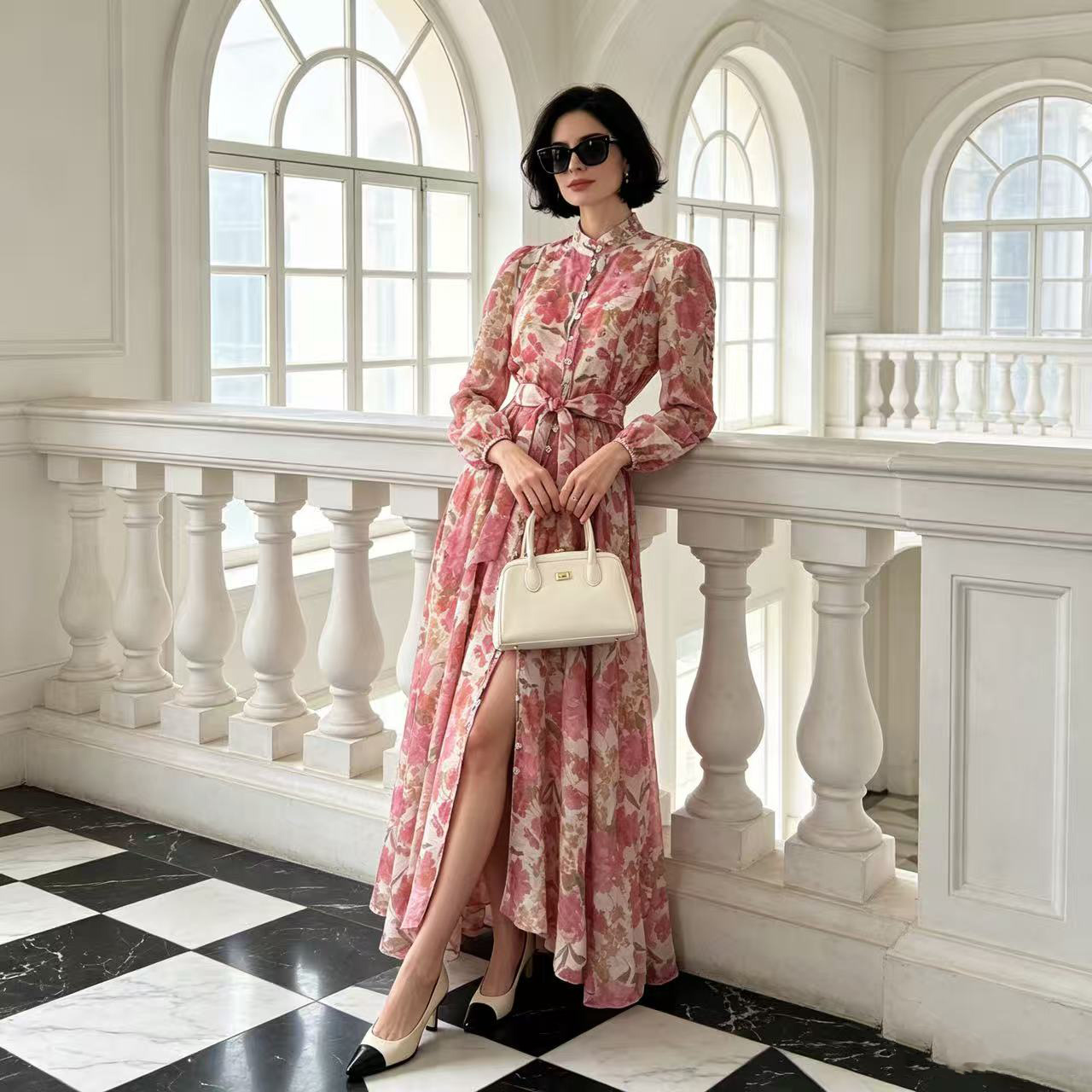 Australian retro print stand up collar lantern sleeves long sleeves heavy studded diamonds elegant socialite temperament two-piece dress long Australian retro print stand up collar lantern sleeves long sleeves heavy studded diamonds elegant socialite temperament two-piece dress long