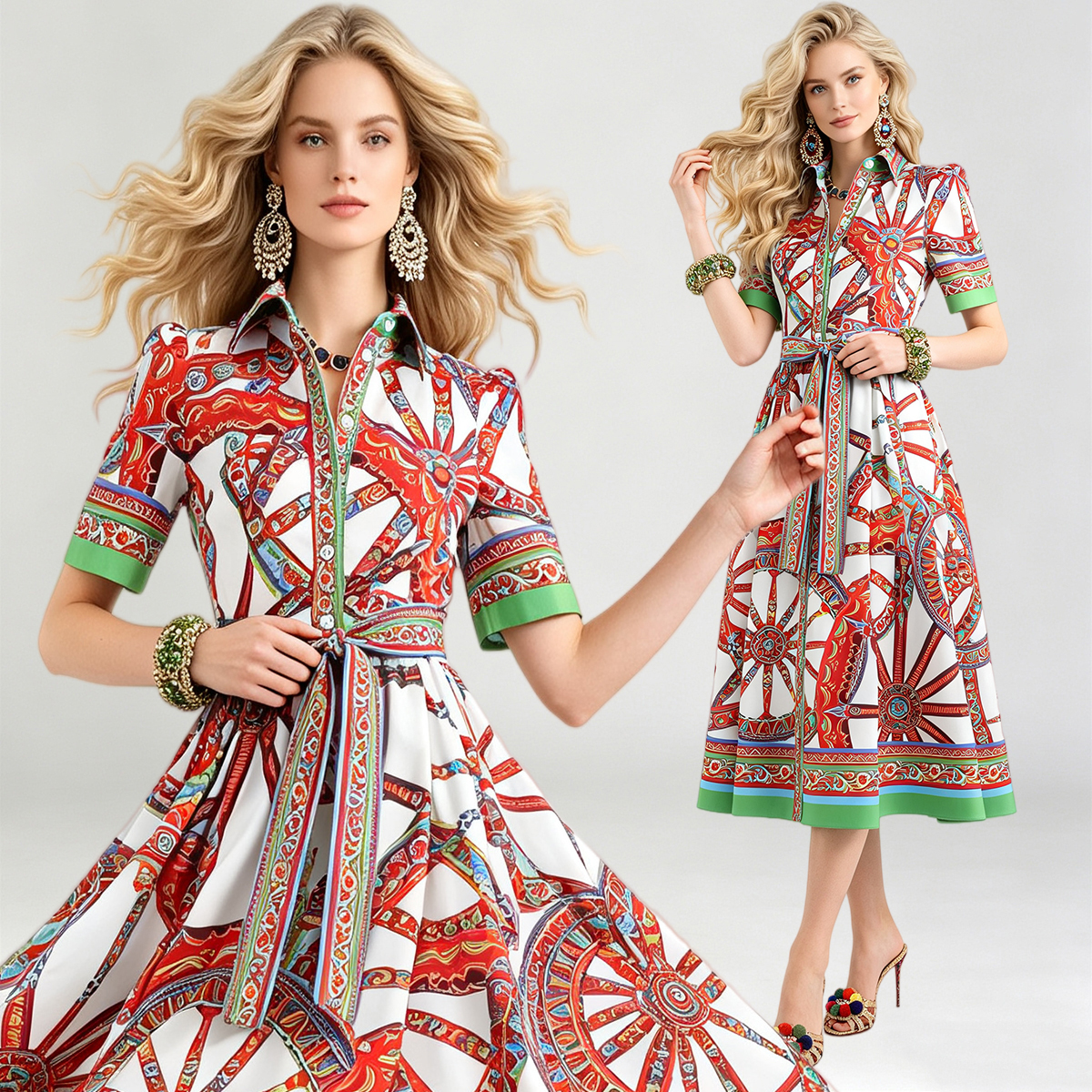 Summer positioning: Printed lapel tie, waist cinching shirt dress, big swing A-line skirt