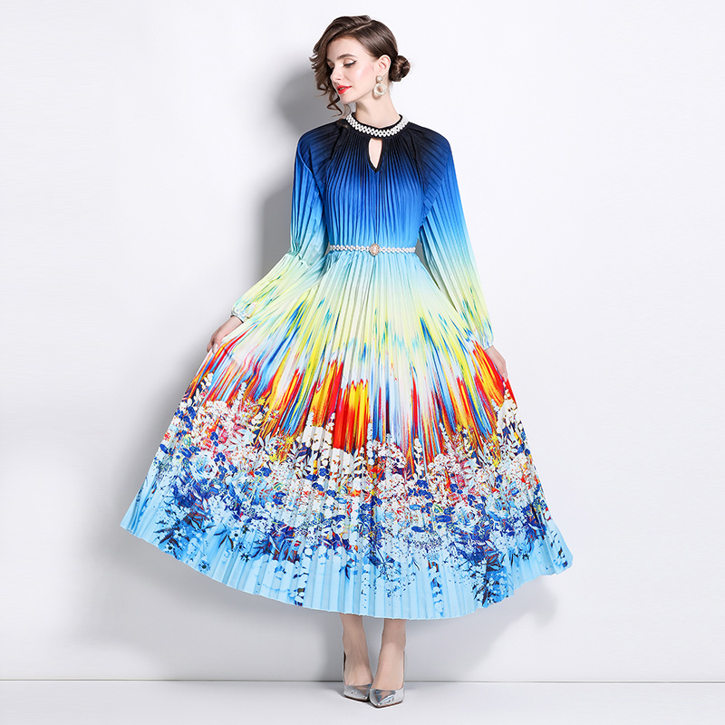 Original 2026 high-end nail bead positioning printed pleated pearl buckle pleated long skirt Original 2026 high-end nail bead positioning printed pleated pearl buckle pleated long skirt