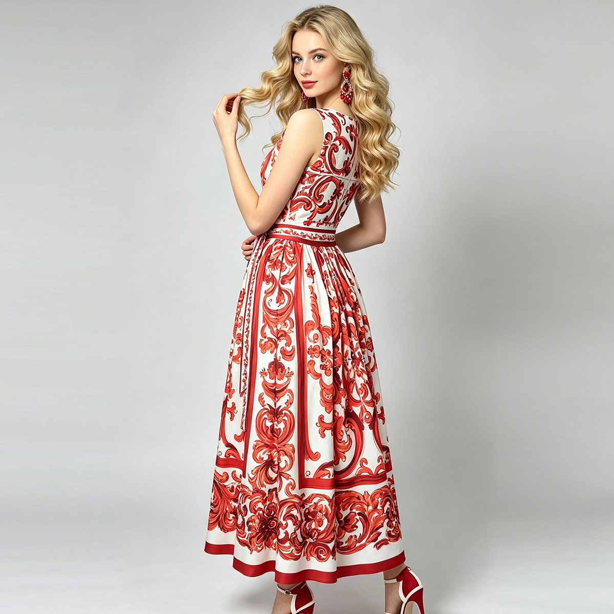 French romantic floral print sleeveless dress with high waisted bow tie and drawstring, cinched waist and large swing skirt French romantic floral print sleeveless dress with high waisted bow tie and drawstring, cinched waist and large swing skirt