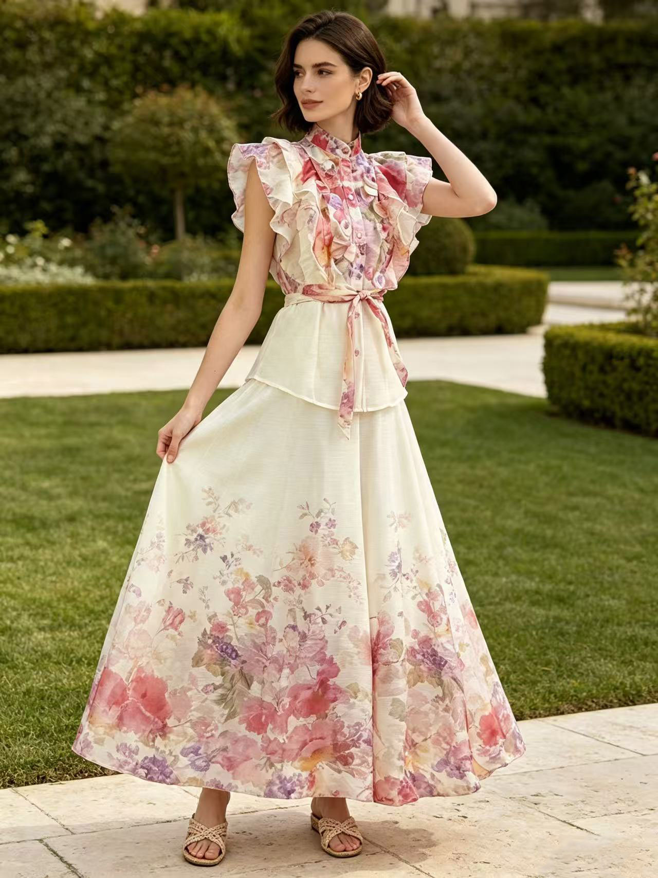 Elegant temperament two-piece dress set from Z Australia, heavy industry flower sleeveless ruffled shirt+high waisted skirt Elegant temperament two-piece dress set from Z Australia, heavy industry flower sleeveless ruffled shirt+high waisted skirt