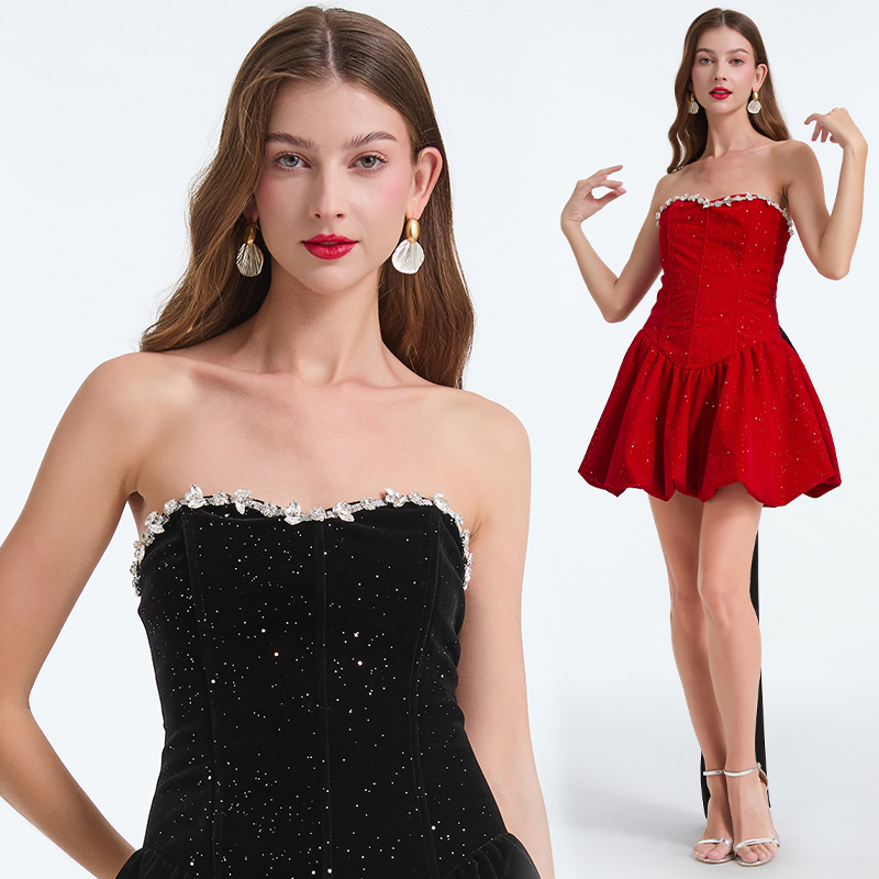 Real shot French niche diamond studded hot stamping big bow ribbon strapless dress flower bud fishbone dress
