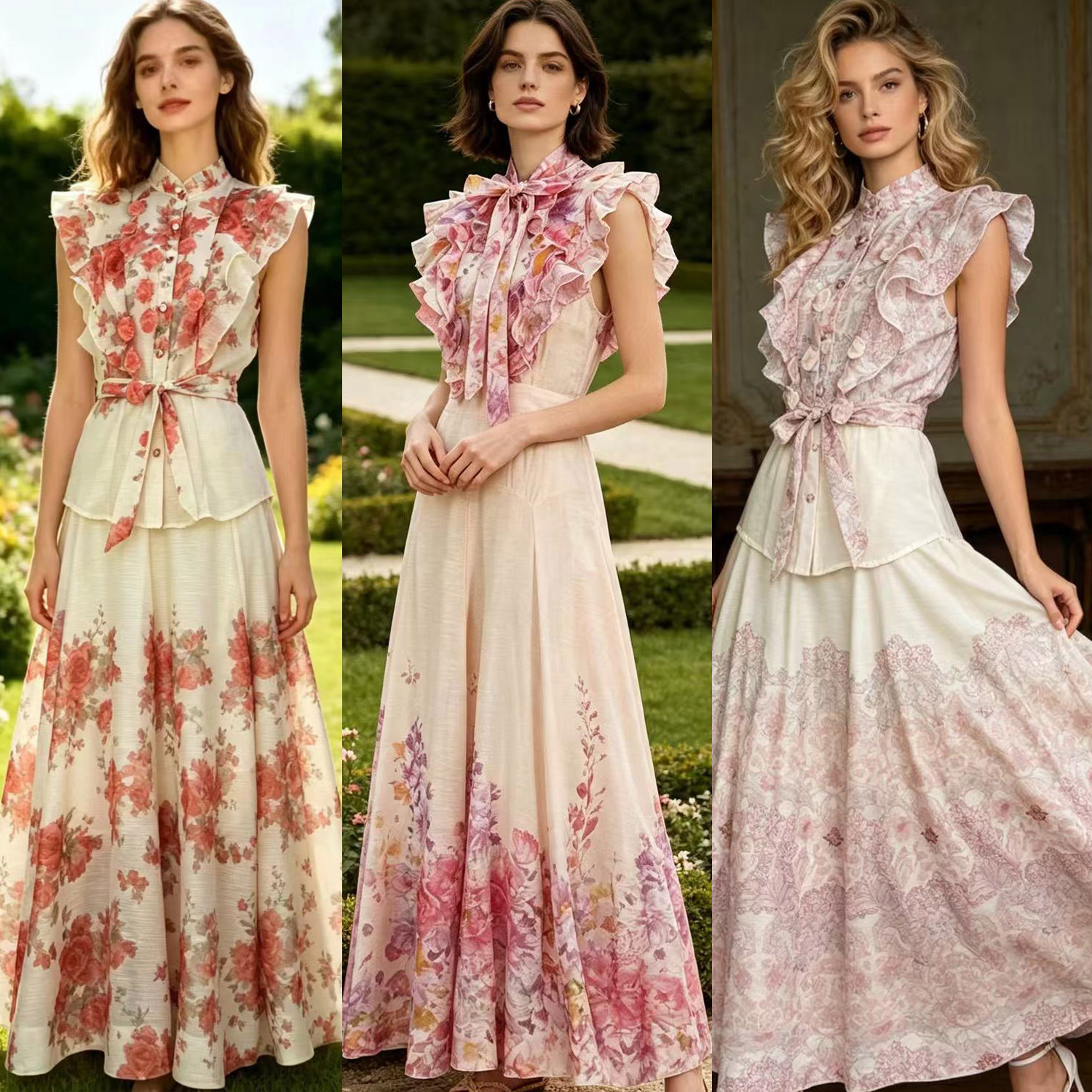 Elegant temperament two-piece dress set from Z Australia, heavy industry flower sleeveless ruffled shirt+high waisted skirt
